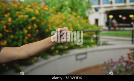 Man's arm extended outdoors with clenched fist against vibrant city street backdrop featuring lush greenery and flowers, signifying strength and deter Stock Photo