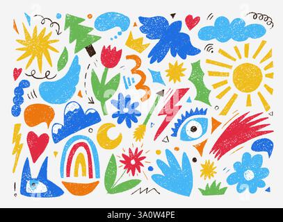 Fun doodle color scribble decorative elements hand drawn with crayon. Mountains, eye, lightning, flower, and more. Objects with a grunge texture. Vect Stock Vector