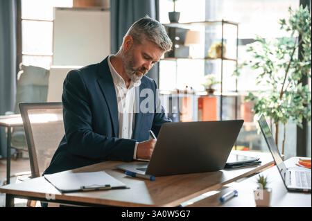 Using laptop. Senior businessman is working in the office. Stock Photo
