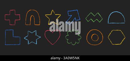Set of outline crayon geometric figures in hand drawn sketch style. Silhouettes of chalk pencil or pastel textured shapes. Vector graphic elements iso Stock Vector