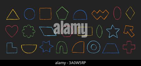 Crayon textured geometric figures collection. Outline basic shapes hand drawn with colored pencil. Silhouettes of pastel textured primitive elements. Stock Vector