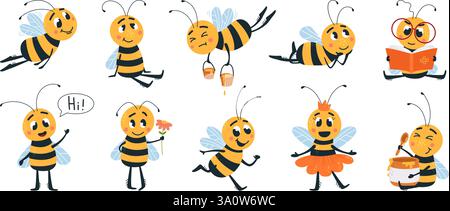 Funny bee. Wild insects in different poses. Bee read book, dancing, holding honey pot. Working and relaxing nature characters, classy vector clipart Stock Vector