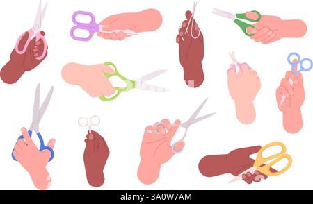 Hands with scissors. Human hand holding manicure scissor, different types opened and closed cutting tools. Cut stationery for paper and fabric, racy Stock Vector