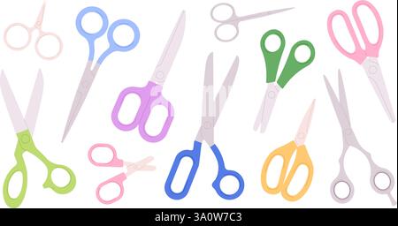 Cartoon scissors. Flat scissor different type for cut paper, fabric, manicure. Different stationery icons, open and close cutting tools racy vector Stock Vector