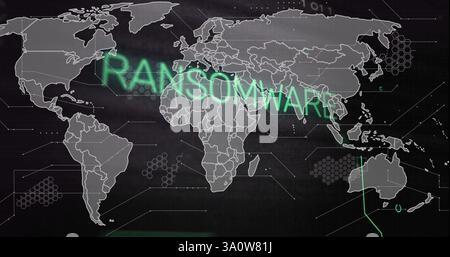 Image of network of connections over world map and ransomware text Stock Photo