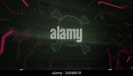 Skull and crossbones image over binary code and green digital background Stock Photo