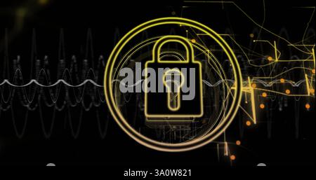 Image of connections with padlock over yellow spots Stock Photo