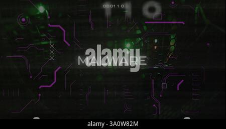 Malware text image over digital code and green lights background Stock Photo