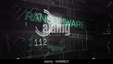 Image of network of connections over data processing and ransomware text Stock Photo