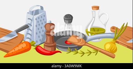 Pattern with kitchen utensils. Cooking tools for home and recipe items. Stock Vector