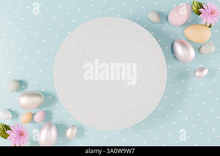 Easter eggs flowers and white circle for text arranged on a light blue background. 3d rendering Stock Photo