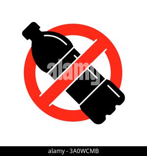 Vector icon with red prohibition sign over plastic bottle. Minimalist outline style. No plastic, environmental protection, waste reduction and pollution prevention symbol. Eco conscious design. Stock Vector