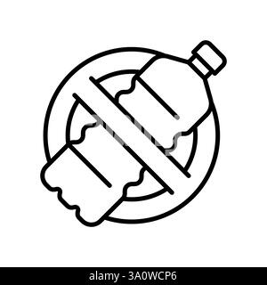 Prohibition linear sign over plastic bottle. No plastic outline icon. Environmental protection, waste reduction and pollution prevention symbol. Eco conservation and reducing consumerism badge Stock Vector