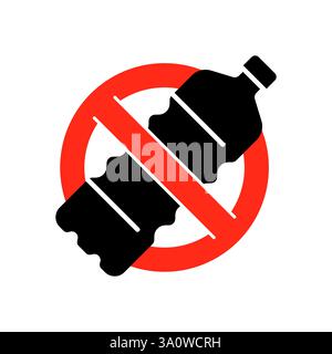 Red and black prohibition sign over plastic bottle. Restriction of plastic use for environmental protection icon. Stop waste, pollution and ecological concerns. Promoting conservation and saving water Stock Vector