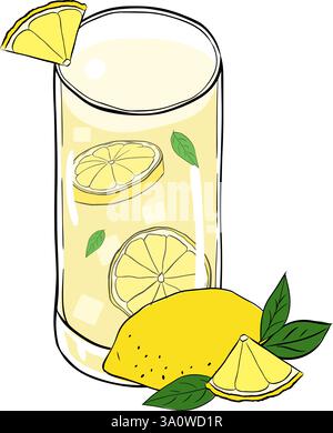 Ice Tea lemonade in transparent glass graphic line ink composition. Vector Isolated Detailed Hand Drawn Painting Illustration Stock Vector