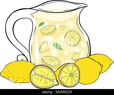 Lemonade in a glass jug with lemon slices and mint leaves composition. Vector graphic line ink illustration isolated on transparent background Stock Vector