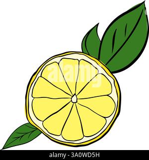 Lemon slice with green leaves composition. Graphic line ink vector illustration isolated on transparent background. ideal for menu and package designs Stock Vector