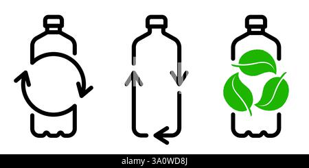 Recycled plastic bottle with leaves and arrows form recycling process symbol. Environmental conservation, waste reduction and reusable package icon set. Clean ecology focus on nature and water logo Stock Vector