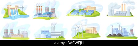 Different energy stations. Renewable power sources factory plant production, gas wind solar coal nuclear electricity hydroelectric dam industrial building, neat vector illustration original artwork Stock Vector