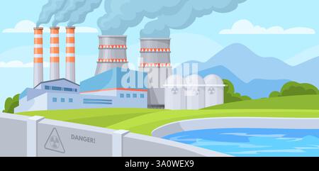 Cartoon nuclear power plant. Radioactive power electricity station with atomic reactors and chimney, industry factory complex thermal energy generation, neat vector illustration original artwork Stock Vector