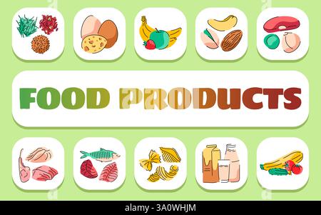 food products text concept. Shablon for presentation and Infographics. Minimal Clean Icons for Apps and Websites. Stock Photo