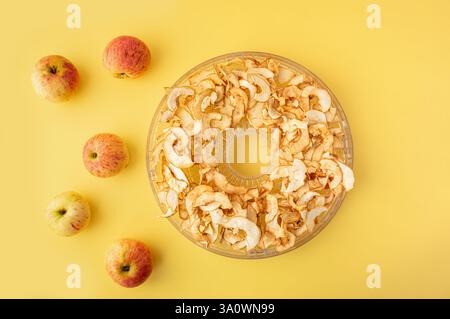 A composition against a yellow background featuring whole apples and dried apple slices. Flat lay. Top view. Copy space. Stock Photo