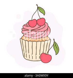 A cupcake in a beige wrapper with soft pink swirled buttercream, topped with fresh cherries. One additional cherry, bright red with green leaf, sit at Stock Vector