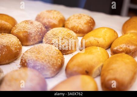 Various cakes on display in a store Stock Photo