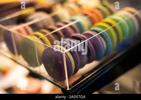 Various cakes on display in a store Stock Photo
