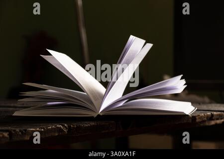 An open book on a table at home in the light, read Stock Photo