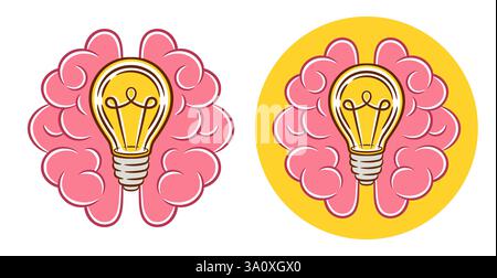 Light bulb and brain, creative idea, think, education information. Electric lightbulb lamp, human mind. Innovation technology, knowledge solution icon Stock Vector
