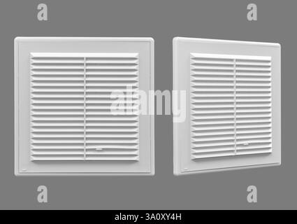 White ventilation grate on a gray background. Square shape, plastic material. Stock Photo