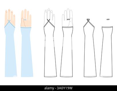 Mitaine Bridal Gauntlets Gloves Elbow length blue cartoon and flat sketch outline Fashion hand accessory clothing technical illustration garment. Vector for Men, women template CAD on white background Stock Vector