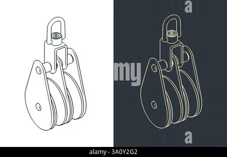 Stainless steel double blocks for yacht rigging isometric blueprints Stock Vector