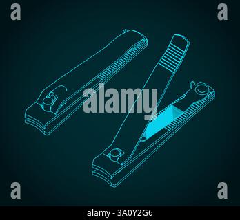 Nail clipper isometric blueprints. Body care tool for manicure and pedicure Stock Vector