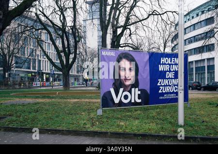 Freiburg, germany - Feb 10, 2025: Maral, a candidate from the Volt party, features on a campaign poster in Freiburg, Germany, promoting a future-focus Stock Photo