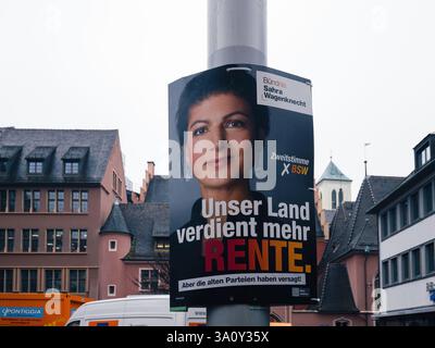Freiburg, germany - Feb 10, 2025: election campaign poster of Sahra Wagenknecht from Bundnis Sahra Wagenknecht, advocating for better pensions, displa Stock Photo