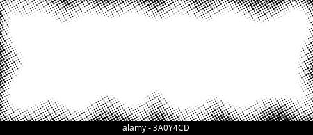 Halftone rectangle grain frame. Black comic dotted wavy border. Pop art fading gradient frame backdrop. Black and white grunge abstract framing background. Vector dot textured graphic design wallpaper Stock Vector