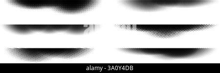 Halftone shadow set. Black dotted gradient stripe collection. Horizontal pixel grain line patterns. Half tone textured shade pack for divide and separate. Vector noise dots and particles strips Stock Vector