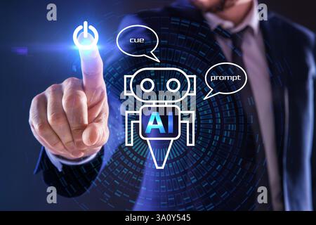 Artificial intelligence. Businessman using virtual screen with robot image and AI abbreviation against blue background, closeup Stock Photo