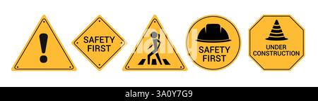 Road safety signages icon clipart set. Warning sign safety first clip art collection for under construction, under maintenance, pedestrian and caution Stock Vector