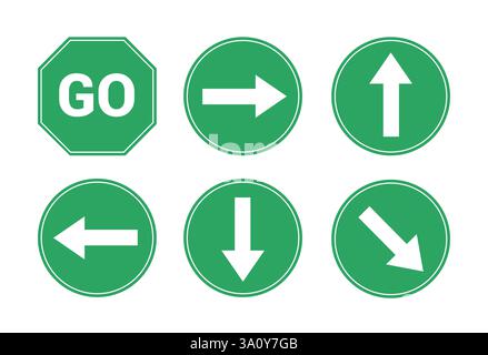Road arrow sign icon clipart. Traffic signages symbol like go, this way, left, right and one way signal clip art in green board collection vector Stock Vector
