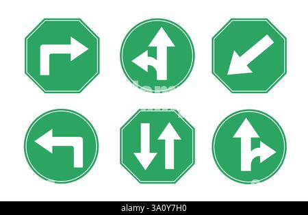 Road arrow sign icon clipart set. Traffic warning signages in green board like turn left and right, two way, intersection and side road direction Stock Vector