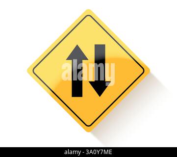 Two way traffic sign icon clipart. Arrow road sign symbol up and down clip art in yellow signboard for vehicle like bus and truck safety lane vector Stock Vector