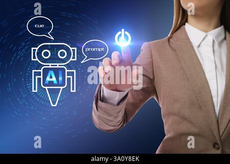 Artificial intelligence. Businesswoman using virtual screen with robot image and AI abbreviation against blue background, closeup Stock Photo