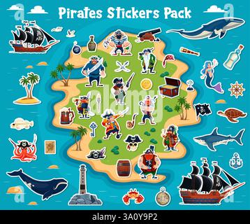 Cartoon pirates and piracy stickers pack with ships, treasure and ocean creatures on tropical island. Vector patches with corsairs, whimsical mermaids Stock Vector
