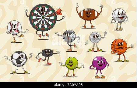 Football ball groovy characters set isolated on white background ...