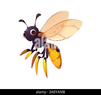 Cartoon funny wasp insect character with large expressive eyes, cheerful expression, black body, bright yellow striped abdomen and translucent wings. Stock Vector