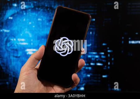 BOGOTA, COLOMBIA - MARCH 05 OF 2025 macro photo of a smartphone with chat gpt ia logo and blurred technology concept at background Stock Photo