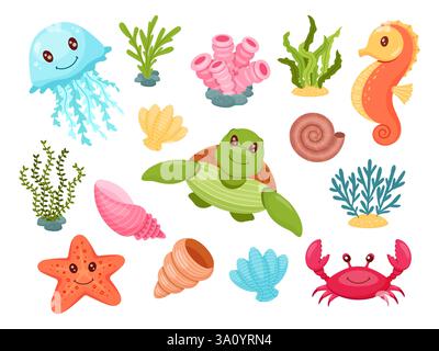 Cute cartoon sea life set. jellyfish, turtle, starfish, seahorse, crab, shells, coral, and seaweed. Cute aquatic vector illustrations. Stock Vector